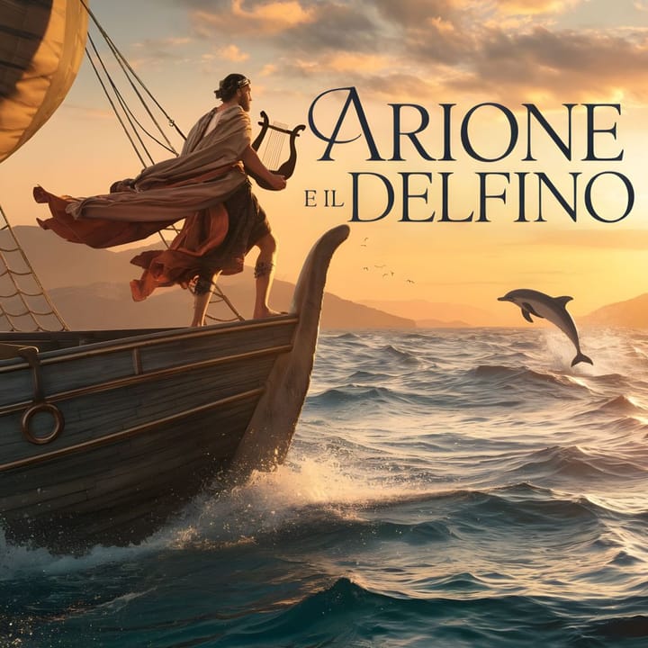 Arione e il delfino, leggenda greca di musica, mare e salvezza miracolosa.