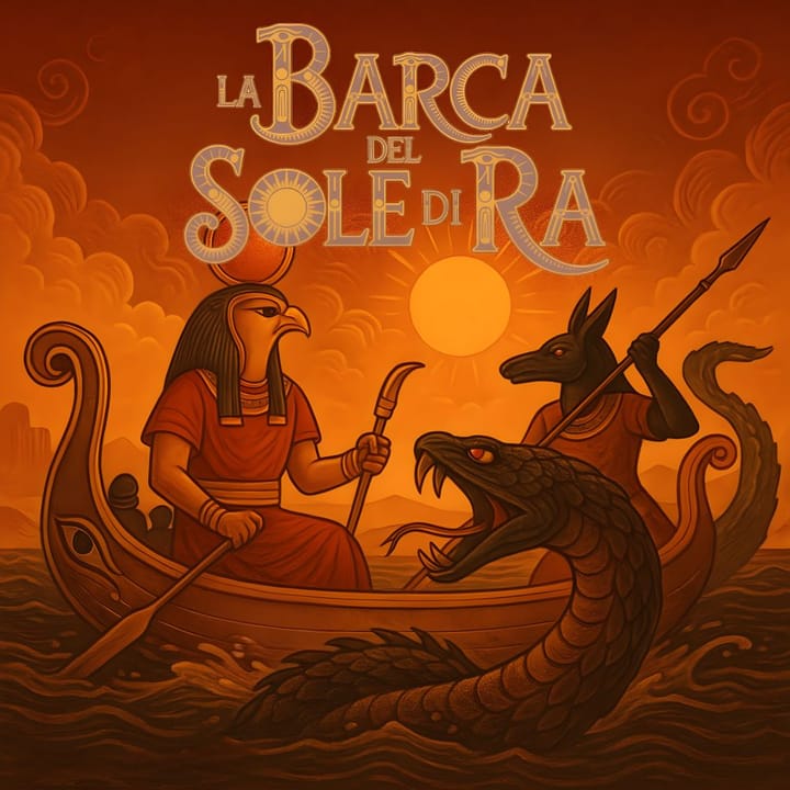 La barca del Sole di Ra, mito egizio sul viaggio notturno del dio attraverso la Duat.