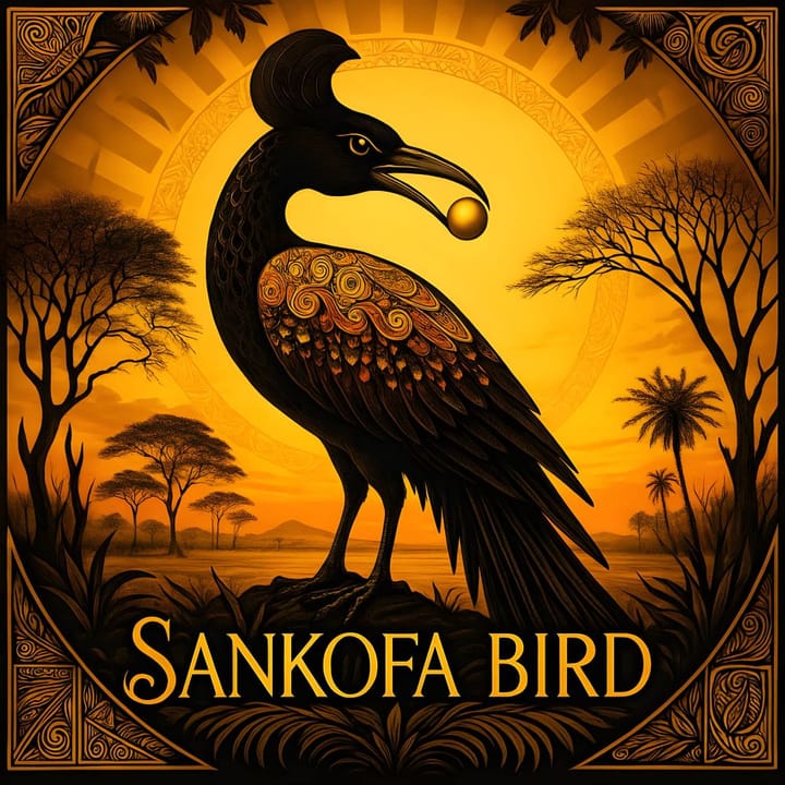 Il Sankofa, l’uccello mitico africano che guarda indietro con un uovo nel becco.