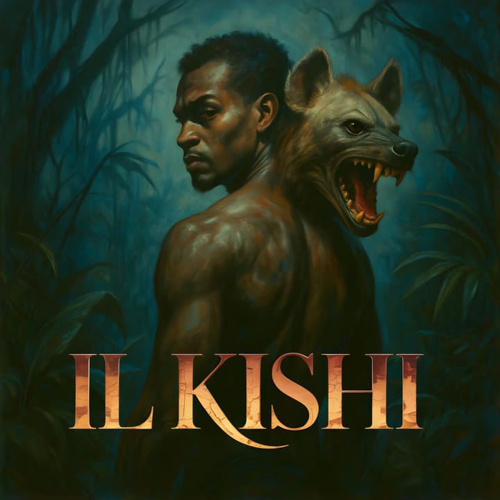 Figura mitologica del Kishi, con un volto umano sul davanti e una testa di iena sulla schiena, ambientato in una foresta africana illuminata da luce crepuscolare.