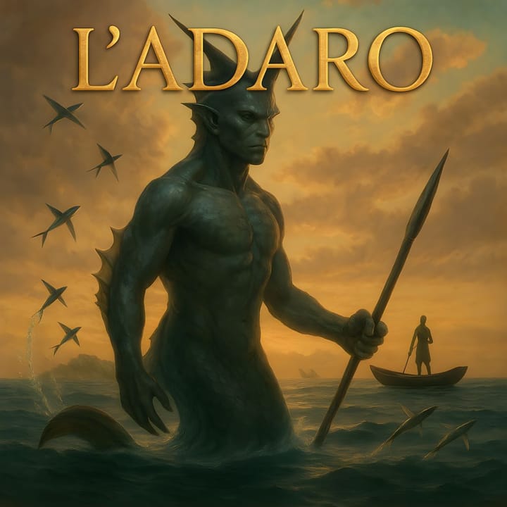 Creatura marina ispirata alla leggenda dell’Adaro, con corpo umanoide, che emerge dalle acque al tramonto nelle Isole Salomone.