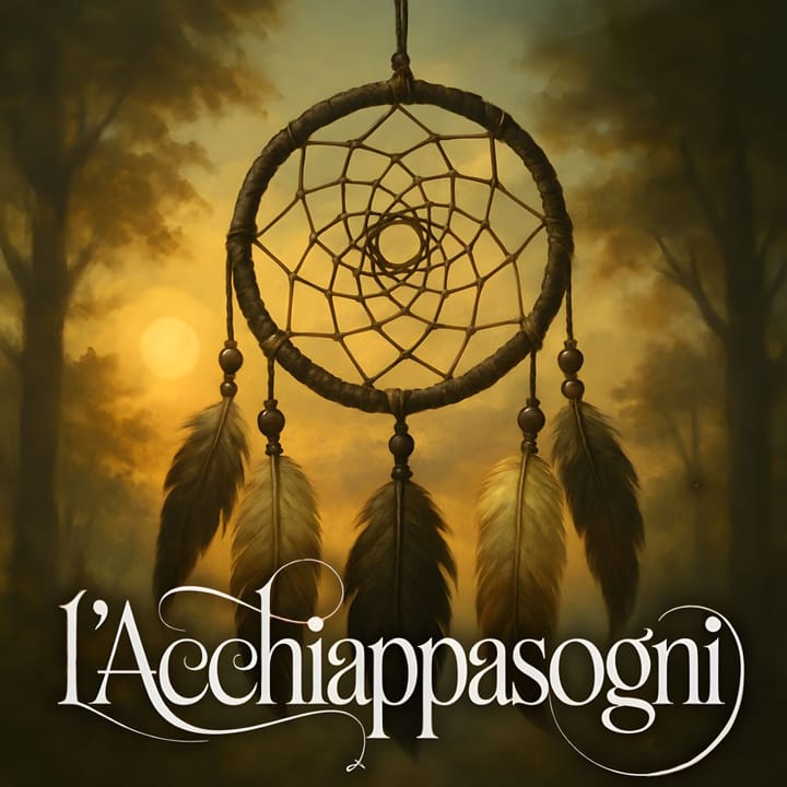 Acchiappasogni tradizionale con cerchio intrecciato, piume e perline sospese, illuminato da una luce calda su sfondo naturale.