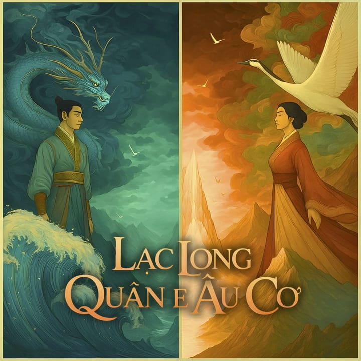 Illustrazione ispirata alla leggenda vietnamita di Lạc Long Quân e Âu Cơ, con il drago del mare e la dea delle montagne, simboli dell’unione tra acqua e terra.