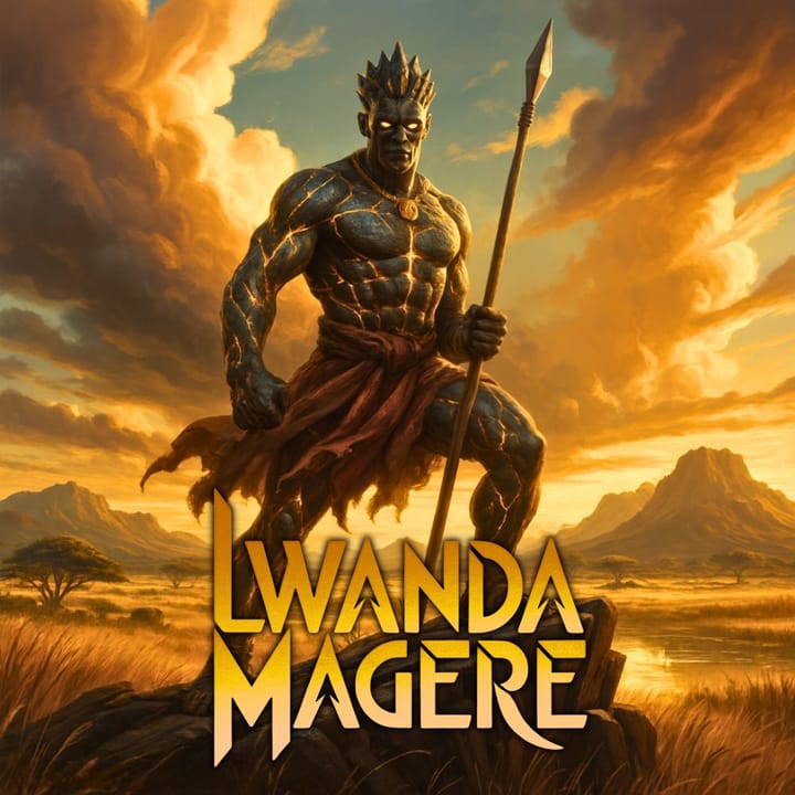 Illustrazione di Lwanda Magere, il guerriero leggendario dei Luo con il suo doppio spirito, raffigurato in stile epico africano.