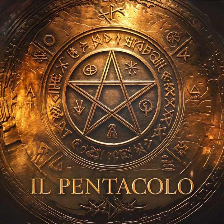 Un Pentacolo inciso su un disco dorato con simboli esoterici e iscrizioni antiche.