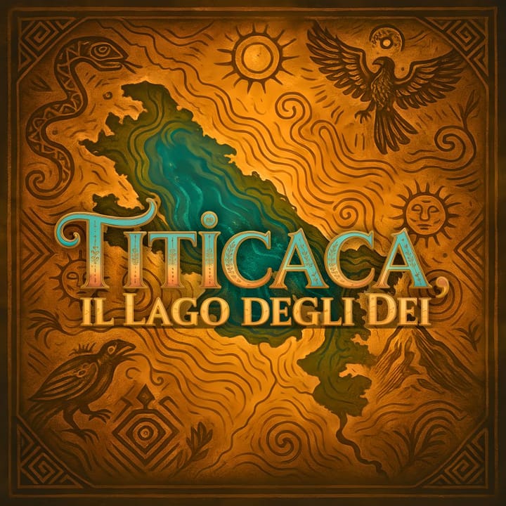 Mappa stilizzata del lago Titicaca con motivi andini, simboli solari e figure sacre che rappresentano le antiche leggende del lago tra Bolivia e Perù.