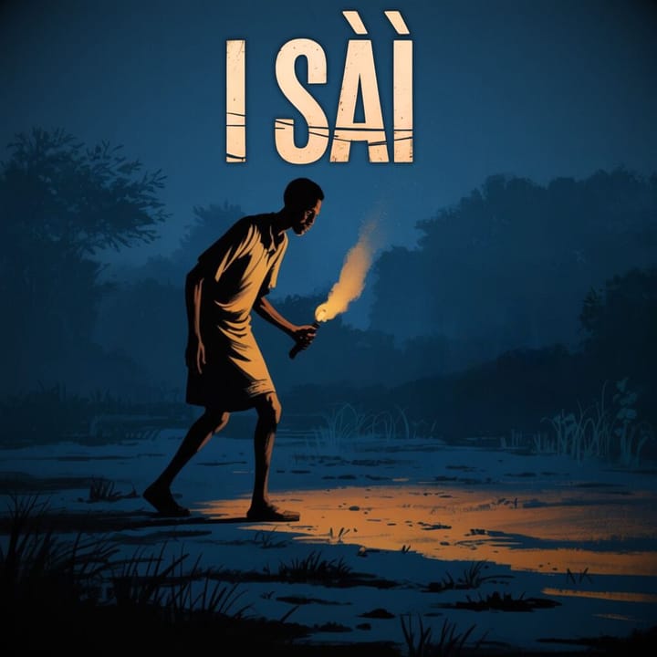 Figura africana che cammina di notte con una torcia accesa, immersa nell’oscurità, ispirata alla leggenda dei Sàì.