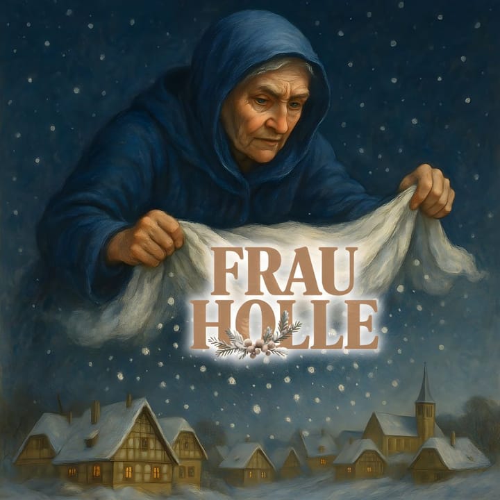 Frau Holle raffigurata come un’anziana donna che scuote un panno bianco facendo cadere la neve su un villaggio invernale.