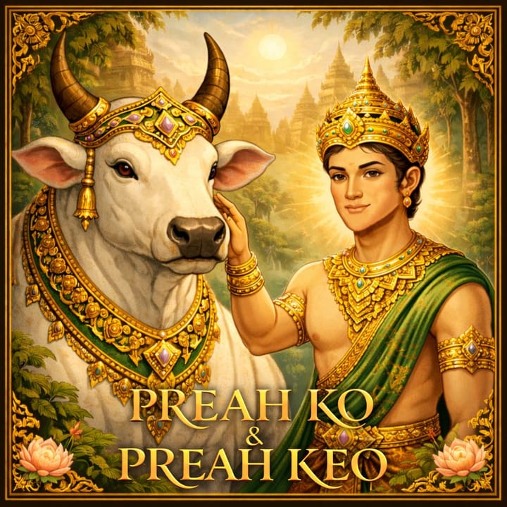 Preah Ko e Preah Keo: un giovane dalla presenza divina accanto a un bue sacro decorato, immersi in un paesaggio ispirato alla tradizione khmer.