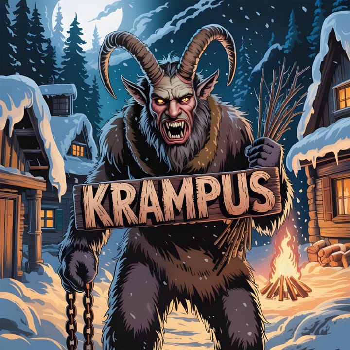Krampus raffigurato con corna, pelliccia scura e catene in un villaggio alpino innevato.