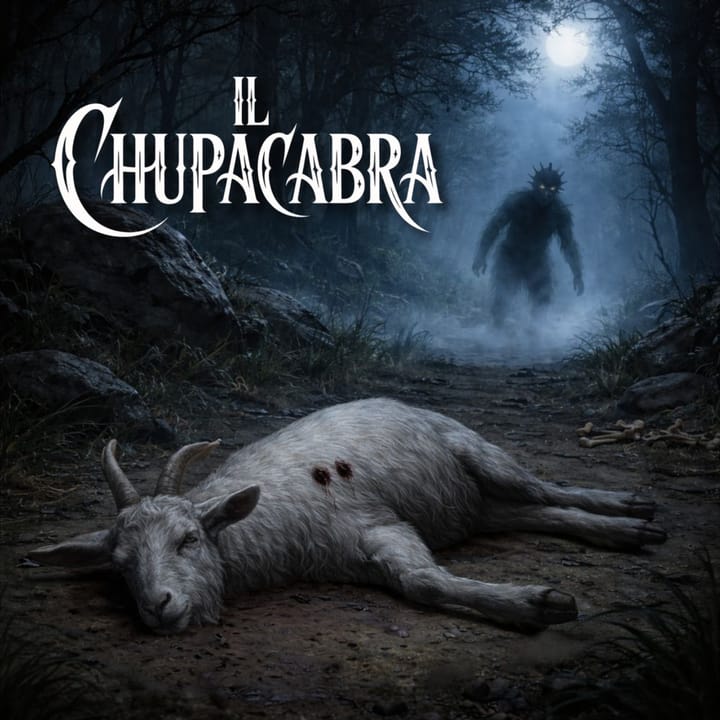 Rappresentazione del Chupacabra come creatura misteriosa in un ambiente notturno, con un animale a terra e l’ombra della figura che si allontana, evocando il folklore latinoamericano.