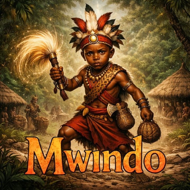 Rappresentazione di Mwindo come giovane eroe africano con copricapo cerimoniale e bastone magico, in un villaggio immerso nella foresta, ispirata all’epica orale dei Nyanga.