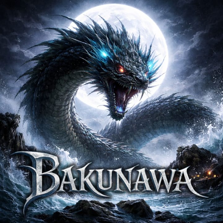 Il Bakunawa, drago serpentino della mitologia filippina, emerge dal mare in tempesta sotto la luna piena, con scaglie scure e occhi luminosi.