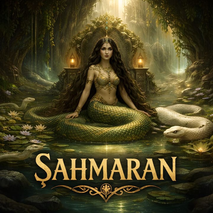 Şahmaran, figura mitologica metà donna e metà serpente, seduta in un ambiente sotterraneo e naturale, circondata da serpenti e simboli di conoscenza nella tradizione anatolica.