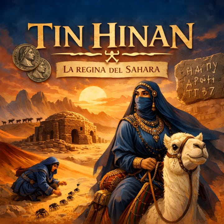 Tin Hinan velata nel deserto del Sahara al tramonto, accanto a un cammello e a un antico mausoleo in pietra, con dune e montagne sullo sfondo.