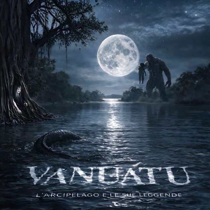 Scena notturna su un’isola di Vanuatu: luna piena sopra una laguna, sagoma di una creatura nell’acqua e figura imponente sullo sfondo tra foresta e villaggio.