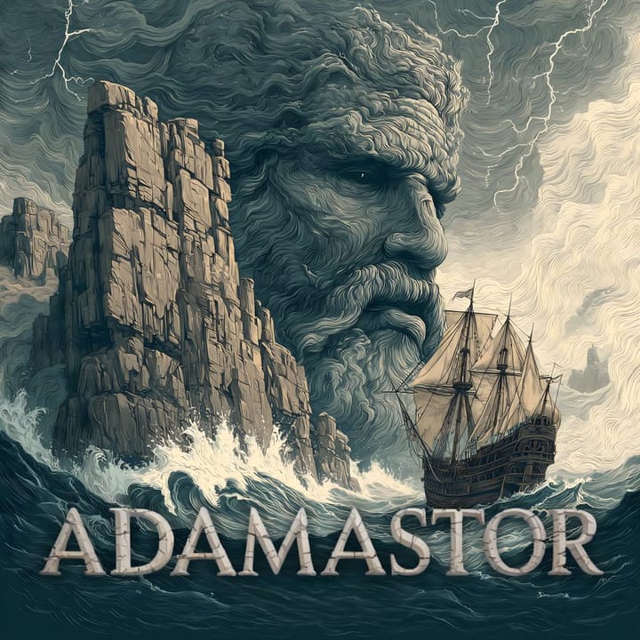 Illustrazione di Adamastor che emerge dalle scogliere oceaniche tra onde tempestose e una nave a vela, simbolo del limite e della sfida del mare.