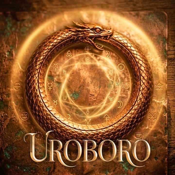 Illustrazione di un Uroboro dorato che morde la propria coda. Al centro, simboli alchemici luminosi e la scritta "UROBORO" in stile antico su fondo metallico ossidato.