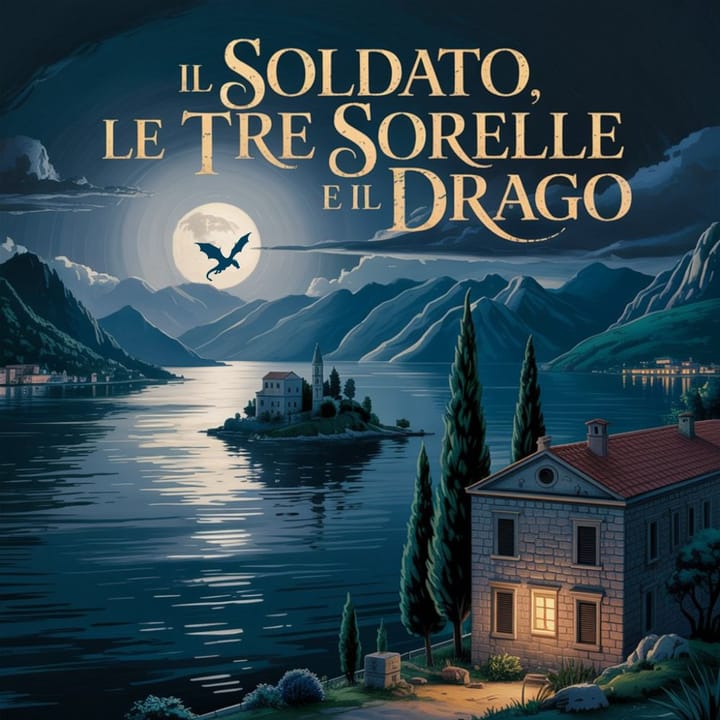 Illustrazione notturna della baia di Kotor, con un’isola al centro dell’acqua, una casa con finestra accesa sulla riva e la sagoma di un drago che vola davanti alla luna.