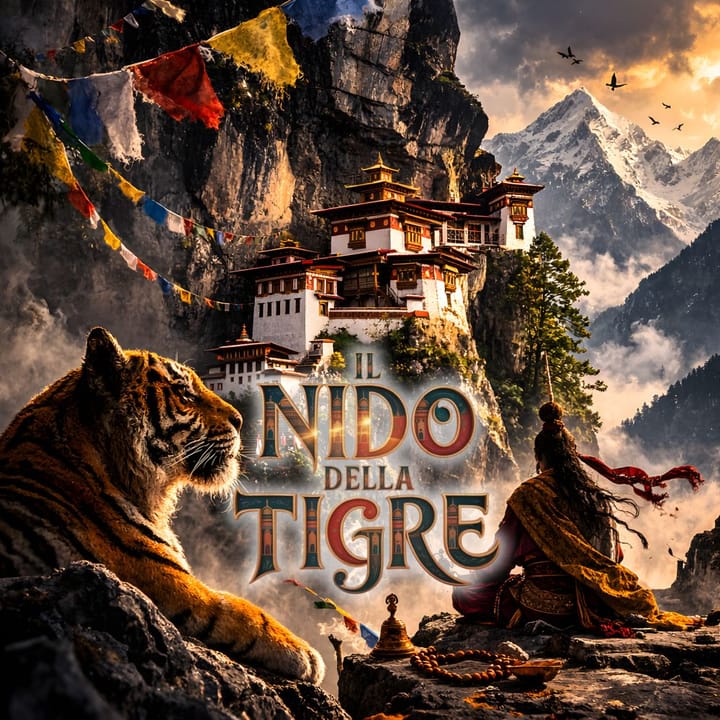 Il Nido della Tigre in Bhutan, il monastero di Paro Taktsang arroccato sulla parete rocciosa, con una tigre in primo piano, montagne himalayane e bandiere di preghiera.