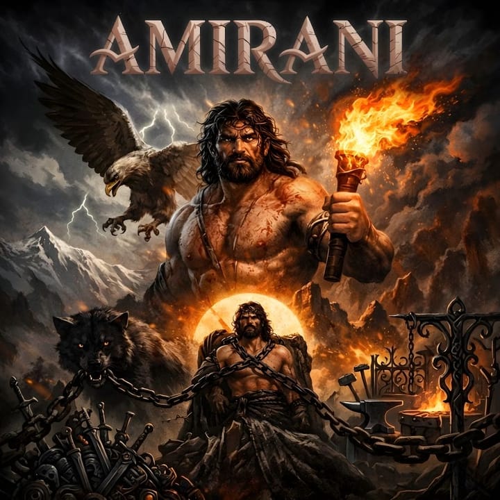 Illustrazione di Amirani, eroe della Georgia: in alto con la torcia tra le vette del Caucaso, in basso incatenato alla rupe con l'aquila e il cane Q'ursha presso l'incudine dei fabbri.