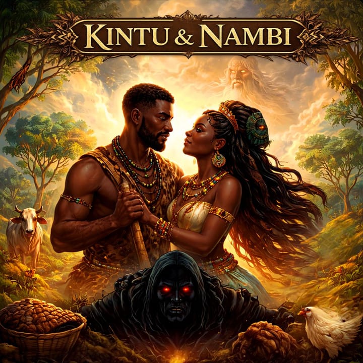 Illustrazione di Kintu e Nambi nel paesaggio dell'Uganda; tra le nuvole appare il dio Ggulu, mentre in primo piano incombe l'ombra di Walumbe accanto a una mucca e una gallina.