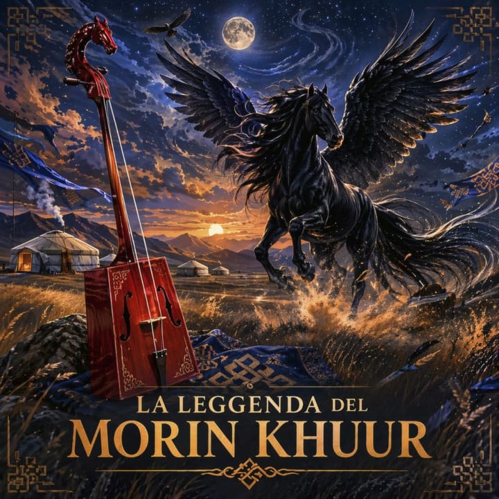 Morin Khuur: violino mongolo a testa di cavallo nella steppa, con un cavallo nero alato sotto il cielo notturno.