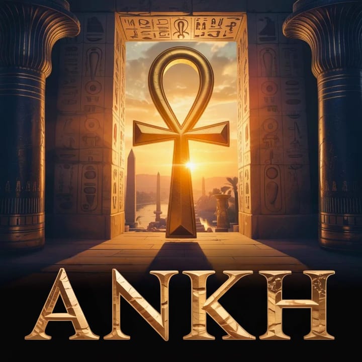 Copertina dell’episodio EXTRA sull’Ankh: il simbolo egizio dorato incorniciato da colonne e geroglifici, con luce calda sullo sfondo.