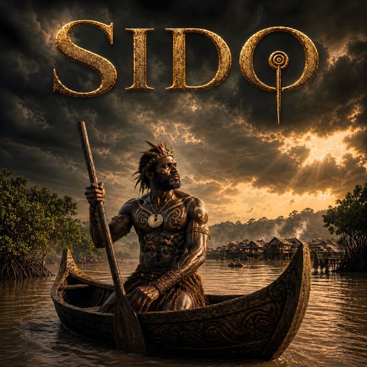 Copertina dell’episodio su Sido: uomo in canoa scolpita su acque tropicali al tramonto, con villaggio su palafitte e cielo carico di nuvole.