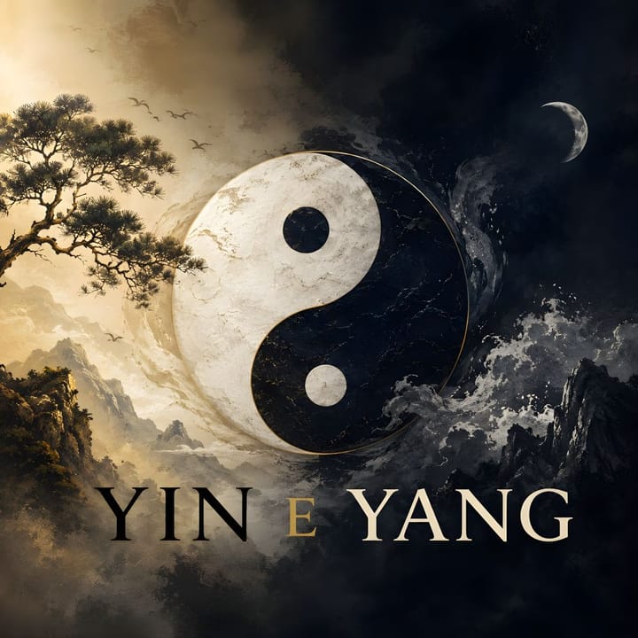 Yin e Yang con il simbolo del Taijitu al centro, circondato da un paesaggio naturalistico cinese in stile pittura a inchiostro, con montagne, nebbia, un albero a sinistra e la luna a destra.
