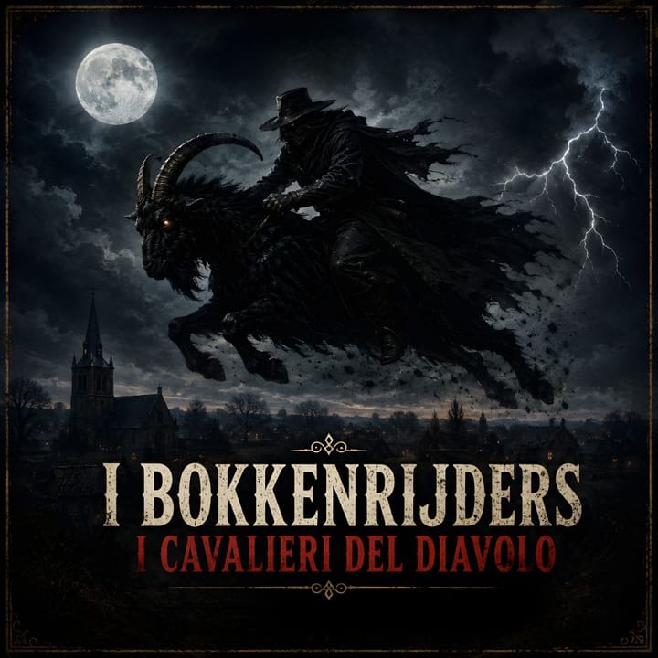 Cavaliere oscuro in volo su un caprone nero con corna, sotto la luna piena e un cielo in tempesta, sopra un villaggio del Limburgo notturno ispirato alla leggenda dei Bokkenrijders.