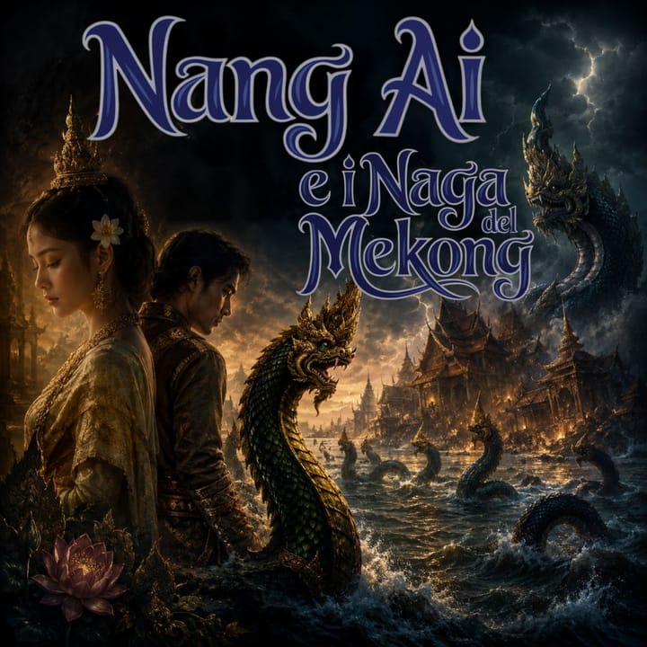Copertina di Nang Ai e i Naga del Mekong con due figure in abiti tradizionali, serpenti Naga emergenti dal fiume e templi illuminati sotto un cielo tempestoso.