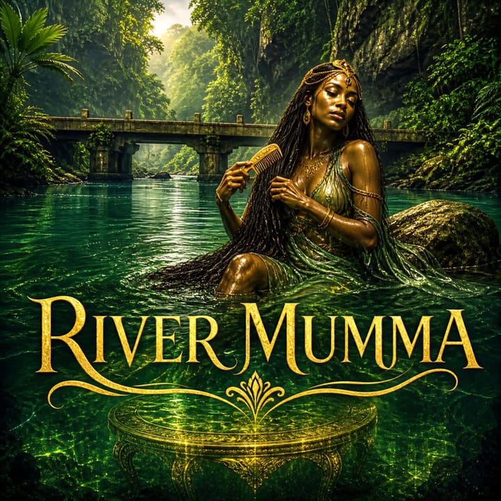 Copertina dell’episodio su River Mumma: figura femminile nelle acque di un fiume giamaicano, con lunga chioma e tavola d’oro sommersa.