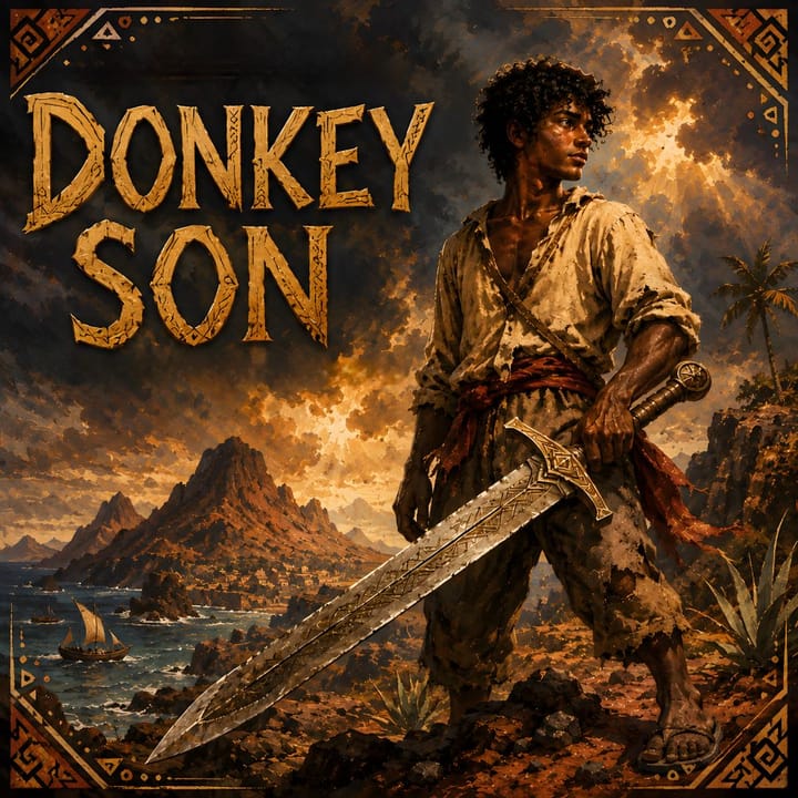 Giovane eroe capoverdiano con grande spada su un paesaggio vulcanico affacciato sull’oceano, nella copertina dell’episodio Donkey Son.
