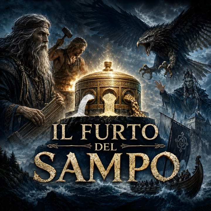 Il Furto del Sampo: il misterioso artefatto dorato al centro, eroi del Kalevala, una nave in mare agitato, un'aquila gigantesca e una potente figura femminile sullo sfondo.