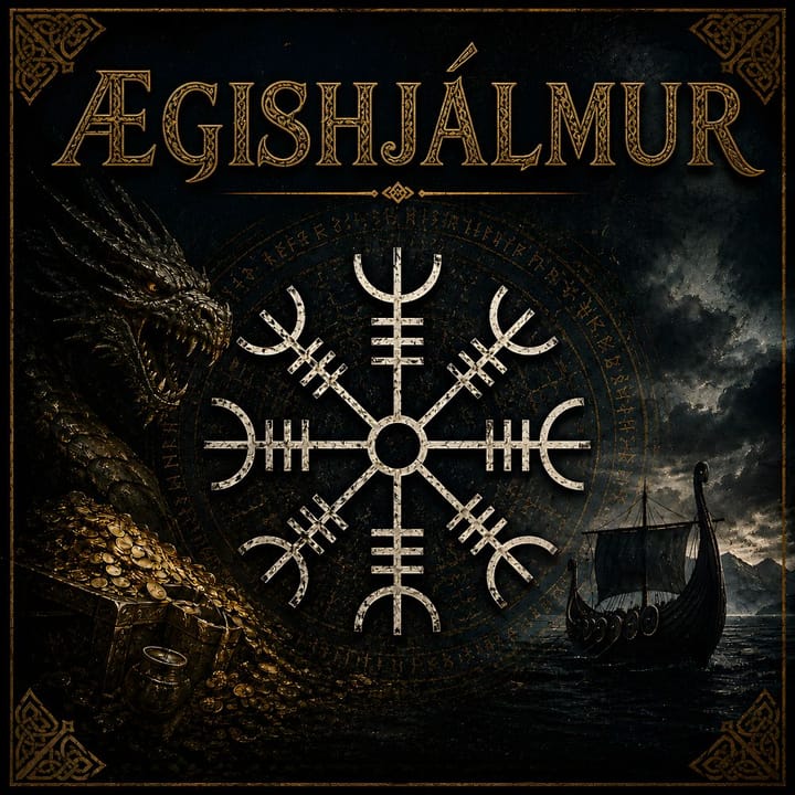 Copertina dell'episodio dedicato all'Ægishjálmur: il simbolo nordico a otto bracci al centro, un drago accovacciato su un tesoro e una nave vichinga che naviga in un mare tempestoso.