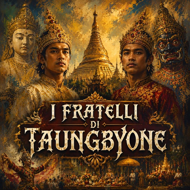 Copertina dell'episodio I Fratelli di Taungbyone con due giovani nobili birmani davanti a una pagoda dorata, figure spirituali sullo sfondo e scene del celebre festival dedicato ai Nat.