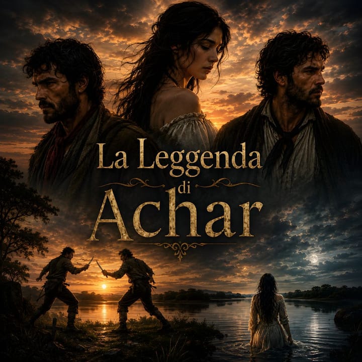 Copertina della leggenda di Achar con tre figure drammatiche al tramonto, due uomini in tensione e una donna vicino all’acqua in un paesaggio rurale uruguaiano.