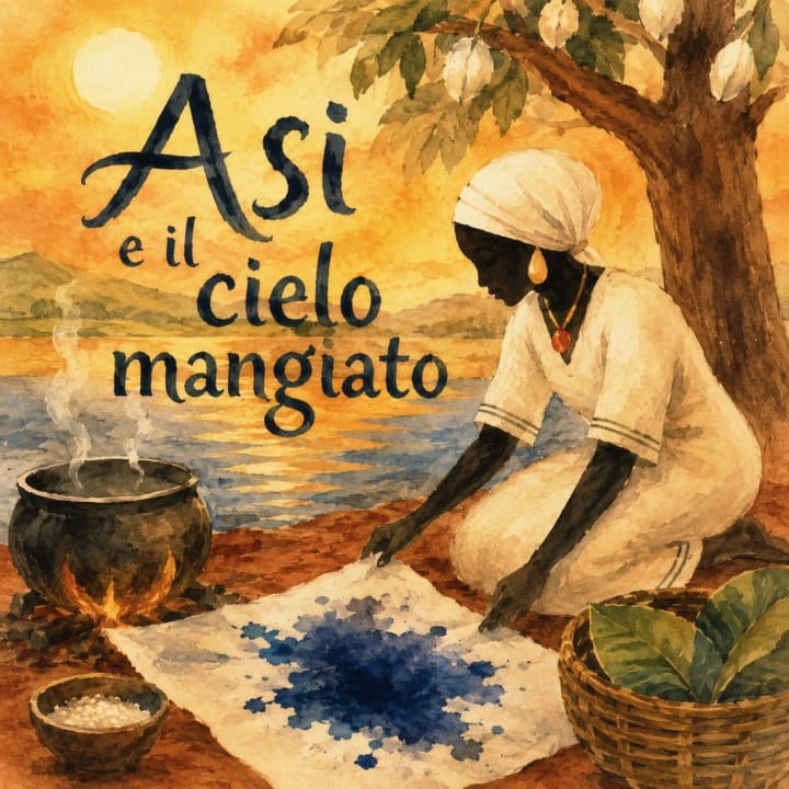 Copertina di 'Asi e il cielo mangiato': donna in Liberia al tramonto tinge un tessuto di blu indaco vicino a un fiume, con calderone, cesto di foglie e albero da frutto.
