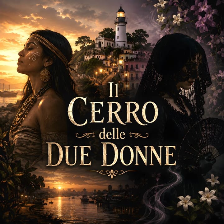 Copertina de Il Cerro delle Due Donne: Quil, donna indigena ecuadoriana e figura velata di nero della donna tapada, sullo sfondo il Cerro Santa Ana di Guayaquil al tramonto con faro.