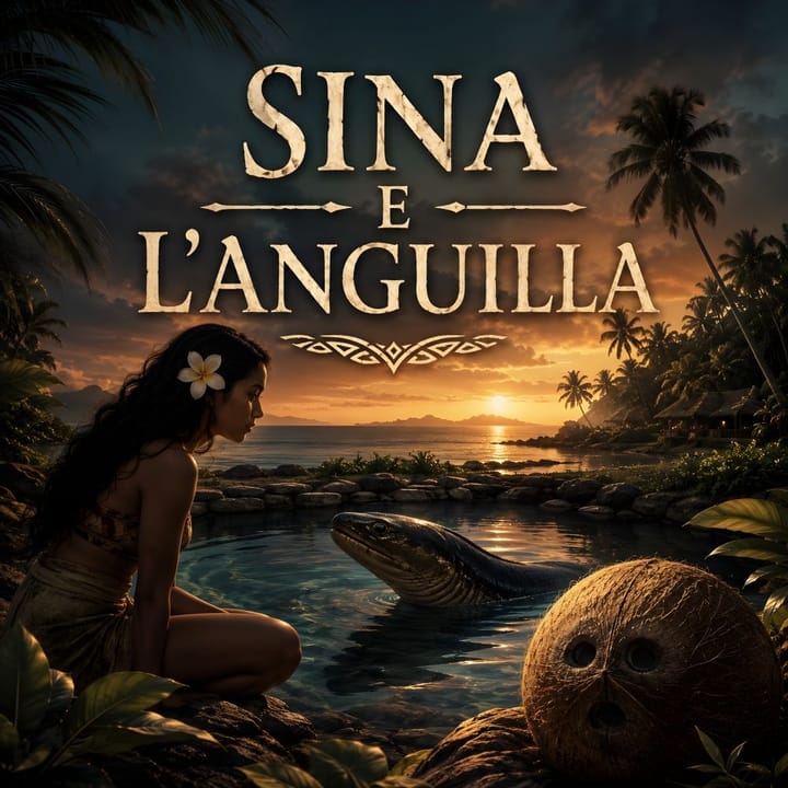 Copertina dell'episodio Sina e l'anguilla con una giovane donna samoana accanto a una laguna tropicale al tramonto, un'anguilla che emerge dall'acqua e una noce di cocco in primo piano.