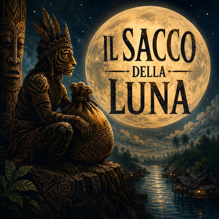 Leggenda della Malesia Il sacco della luna, dei Mah Meri: figura dal volto di tigre seduta su una rupe con un sacco, sotto una grande luna piena su un villaggio di palafitte tra le palme.