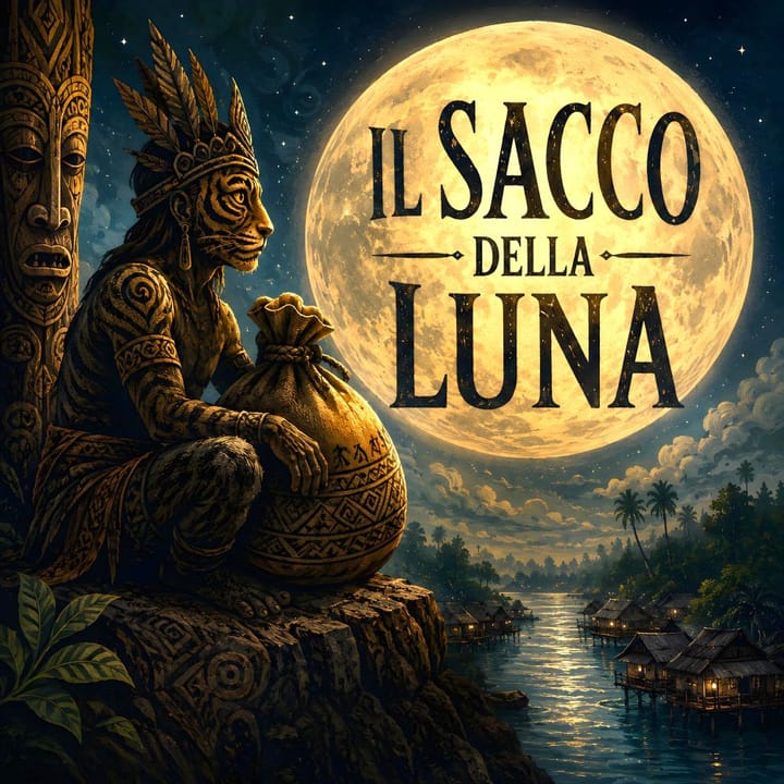 Leggenda della Malesia Il sacco della luna, dei Mah Meri: figura dal volto di tigre seduta su una rupe con un sacco, sotto una grande luna piena su un villaggio di palafitte tra le palme.