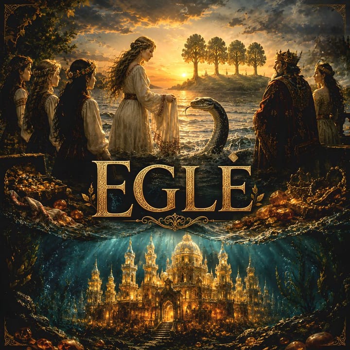 Copertina podcast Eglė, la regina dei serpenti: leggenda lituana tra riva del mare, un serpente e un palazzo sommerso nel Baltico.