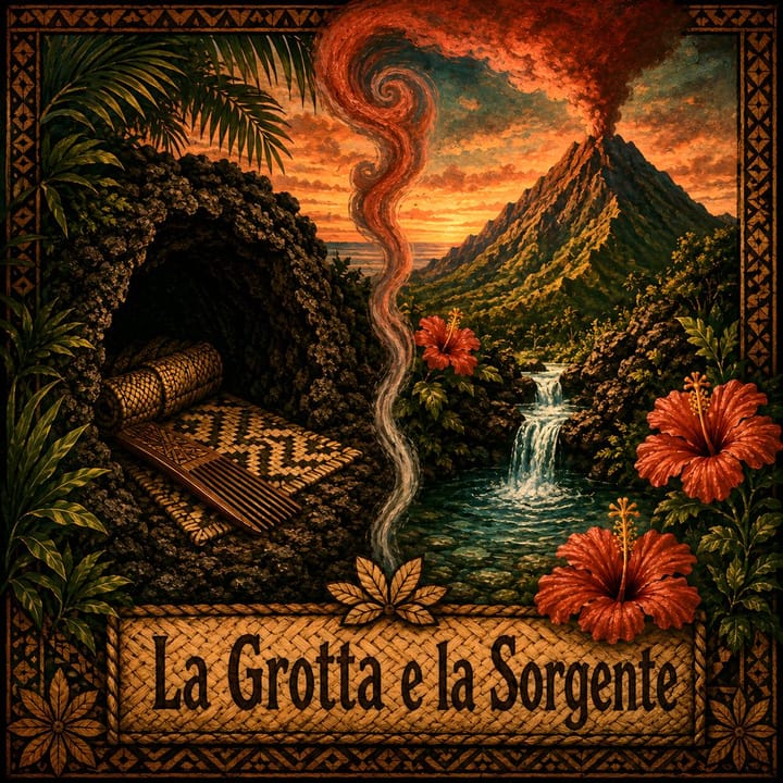 Illustrazione dell'isola di Rarotonga, isole Cook, con l'ingresso di una grotta di pietra, una sorgente d'acqua che scorre tra le rocce, e un vulcano.