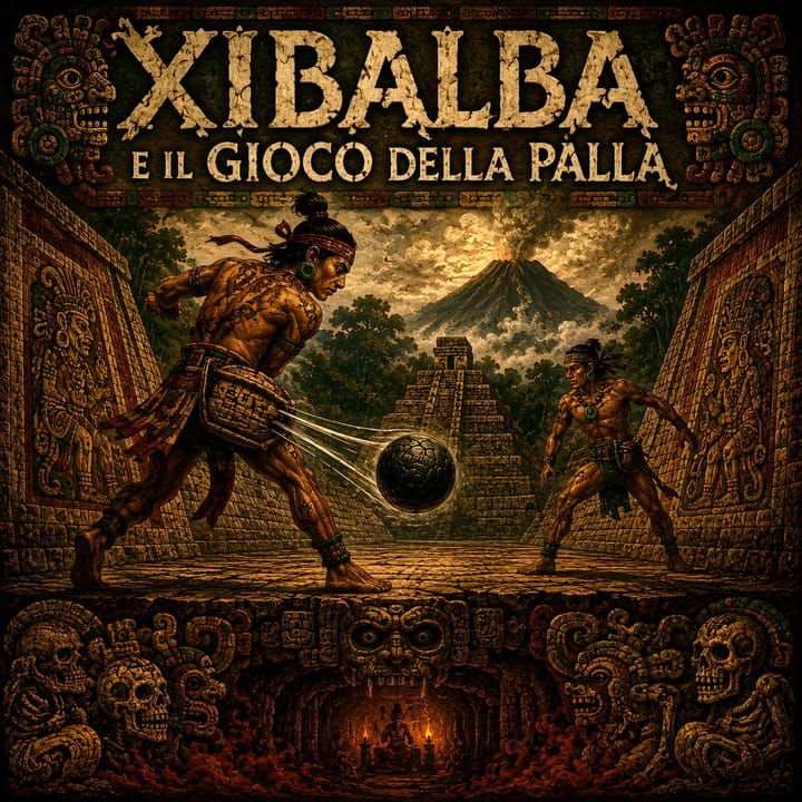Illustrazione pittorica di due giocatori Maya di pelota davanti a un tempio e un vulcano fumante, bordo con teschi e glifi. Xibalba e il regno dei morti.