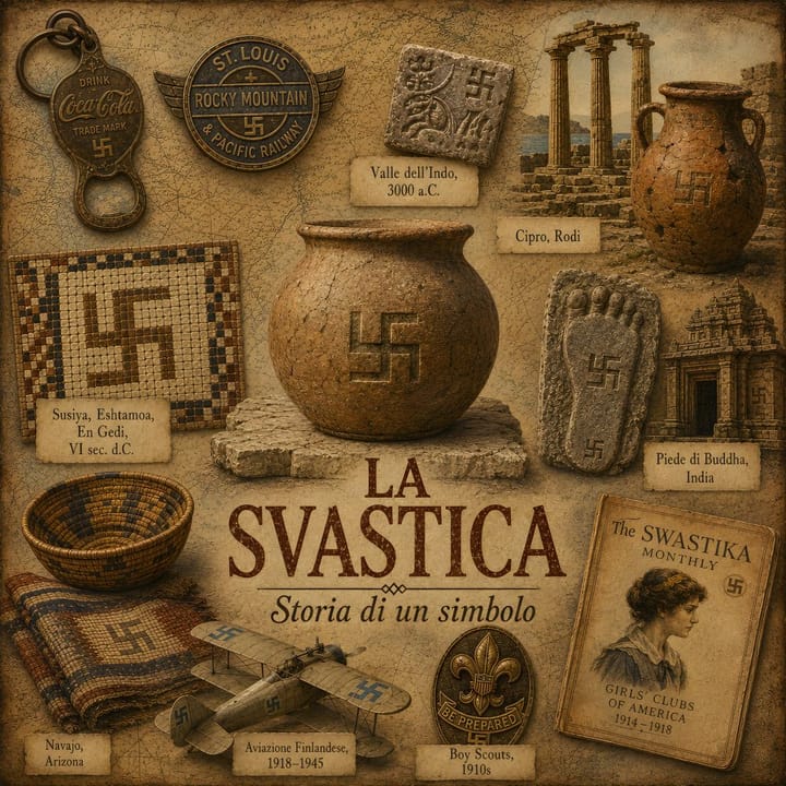 Collage di reperti storici con svastiche: vasi antichi, mosaici, un piede di Buddha, un distintivo Boy Scout, una rivista d'epoca e un aereo finlandese, a illustrare la storia del simbolo.