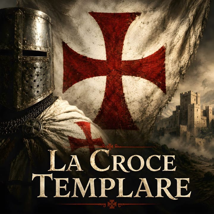 Cavaliere templare con mantello bianco e croce rossa, castello medievale sullo sfondo, copertina dell'episodio Extra "La Croce Templare", Storie e Leggende dal Mondo.