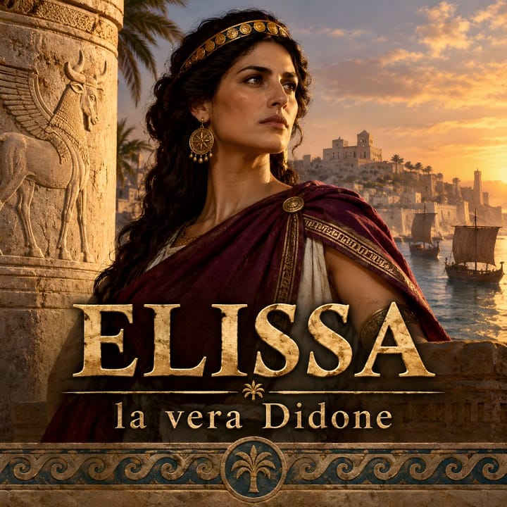 Illustrazione di Elissa, la vera Didone con diadema e mantello rosso davanti a un rilievo di toro alato e al porto di Cartagine al tramonto, copertina del podcast Storie e Leggende dal Mondo.
