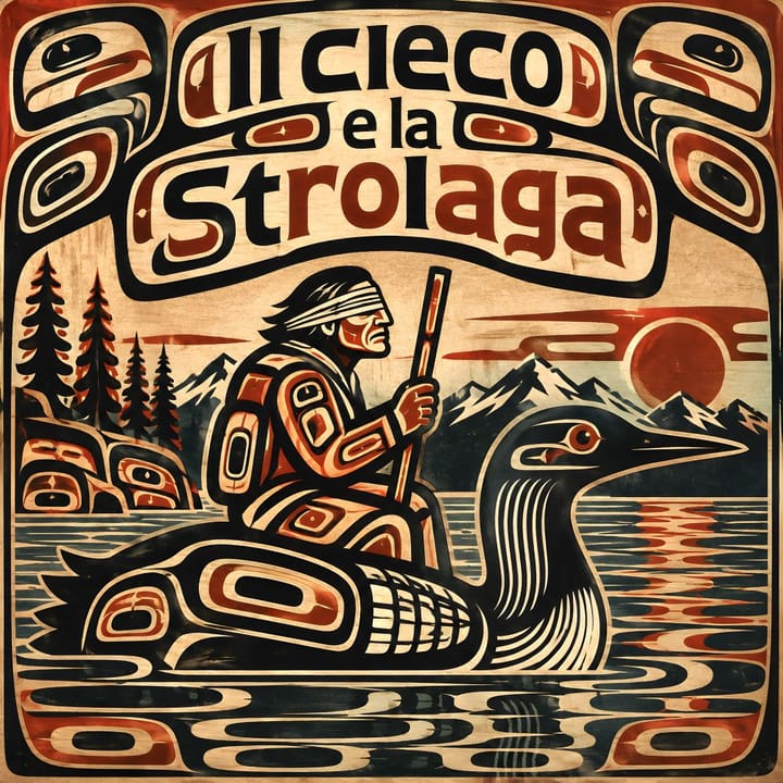 Illustrazione stile arte indigena: un uomo bendato sul dorso di una strolaga in un lago, montagne e sole rosso sullo sfondo, copertina de "Il Cieco e la Strolaga"..